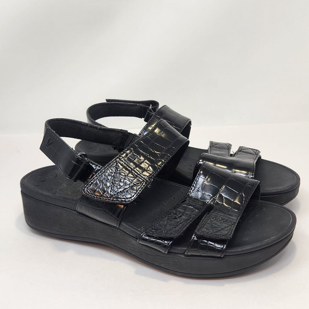 Vionic Roma Black Croc Embossed Patent Platform Sandal Women Size 8 Comfort